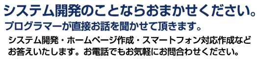 システム開発のことならおまかせください。プログラマーが直接お話しを聞かせて頂きます。システム開発・ホームページ作成・スマートフォン対応作成などお答えいたします。お電話でもお気軽にお問い合わせください。